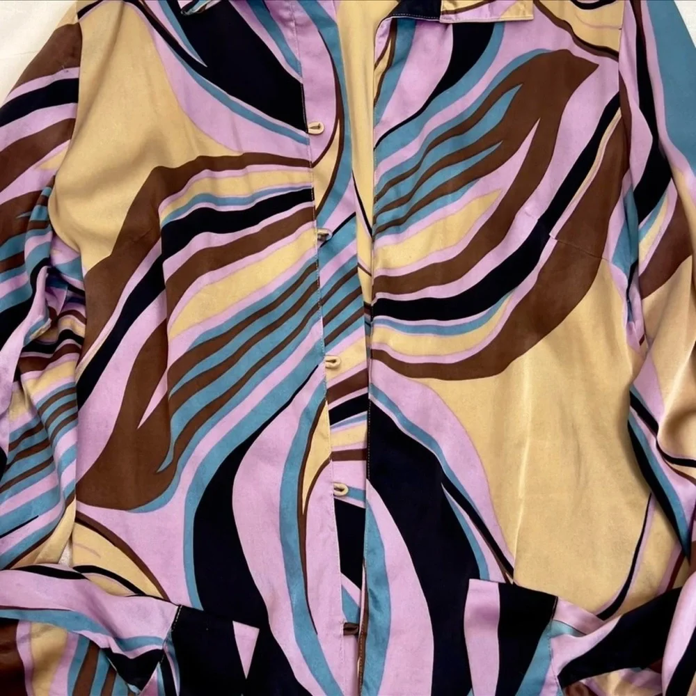 Pucci Style Silk Designer Swirl Psychedelic Button Up Blouse - Picture 3 of 6